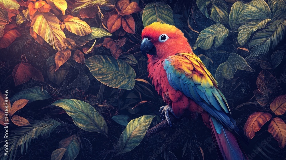 Fototapeta premium Vibrant Parrot Perched Amidst Lush Greenery in a Colorful Tropical Forest Setting