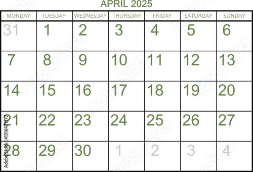 Calendar grid for the month of April 2025