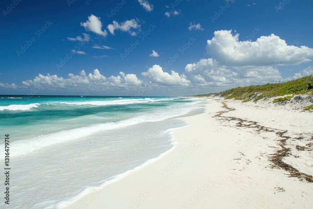 a serene beach with pristine white sand, turquoise water, lush greenery, and a clear blue sky creating a perfect tropical paradise destination a serene beach with pristine white sand, turquoise water, lush greenery, and a clear blue sky creating a perfect tropical paradise destination