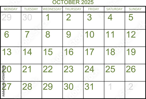 Calendar grid for the month of October 2025