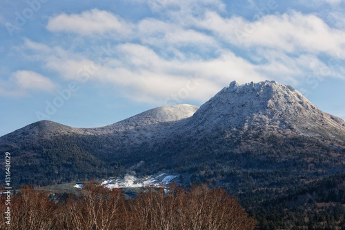 View of Mendeleev volcan on winter. Kunashir. Southern Kurils photo