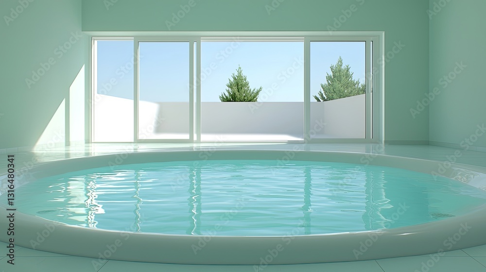 Fototapeta premium Modern Minimalist Indoor Pool Area with Serene Water and Large Windows Overlooking Lush Greenery in a Bright and Spacious Environment