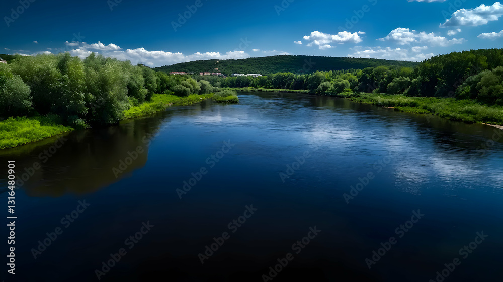 A wide river flows through a lush green valley under a blue sky A wide river flows through a lush green valley under a blue sky