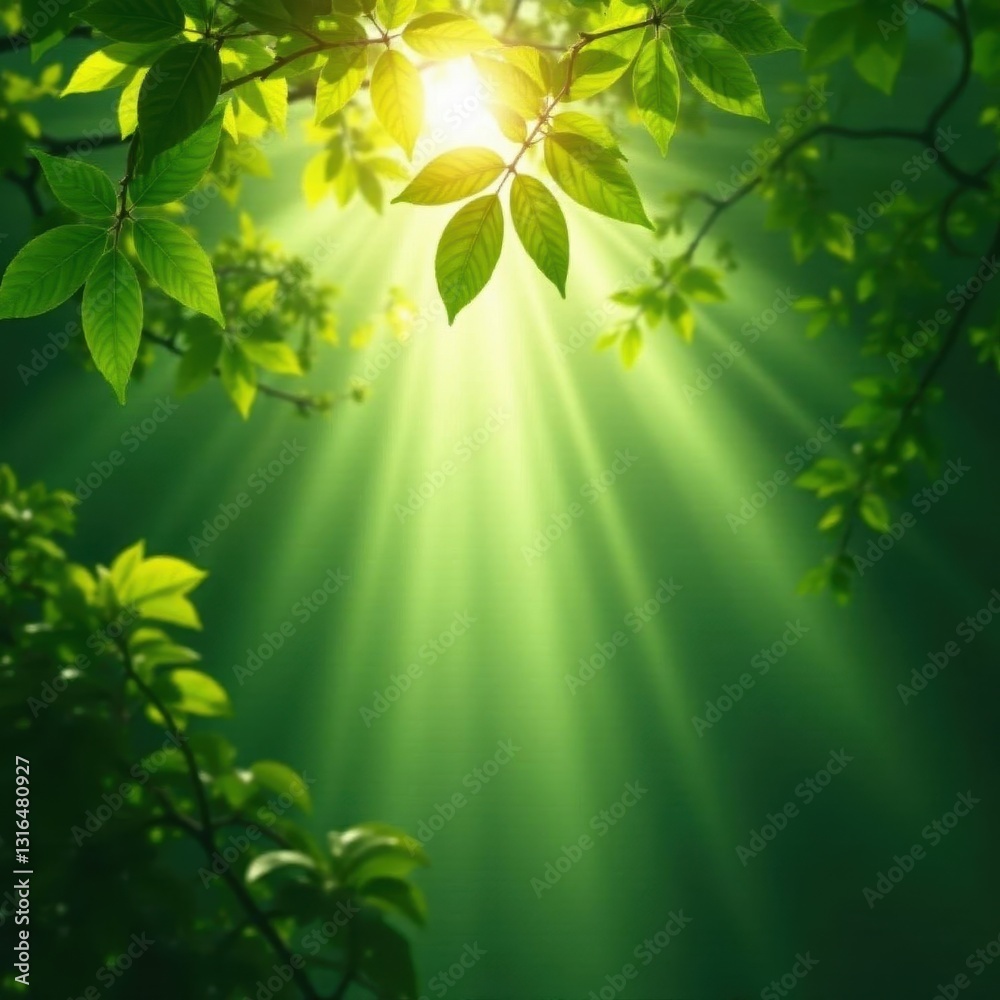 Obraz premium Sunbeams through leaves, gentle breeze, sense of renewal , strength, background
