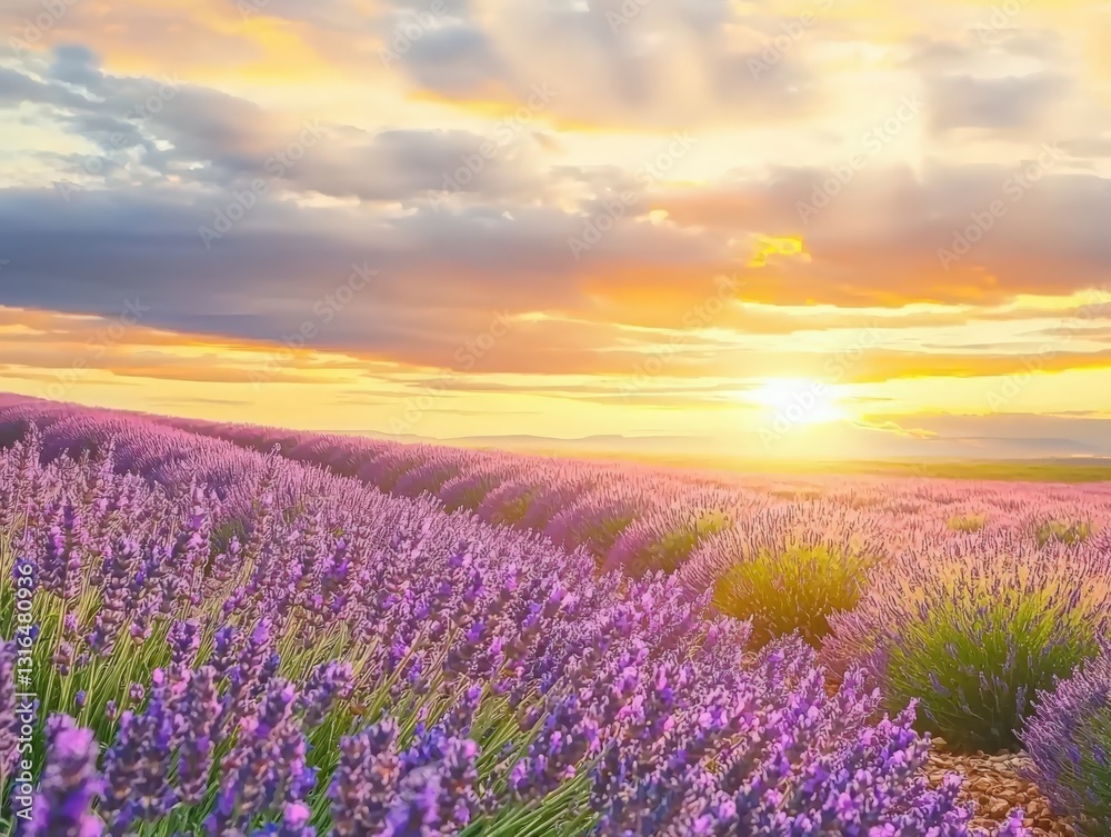 Naklejka premium Serene Lavender Field at Sunset, Symbolizing Tranquility and Peace, Ideal for Wellness and Travel Advertising
