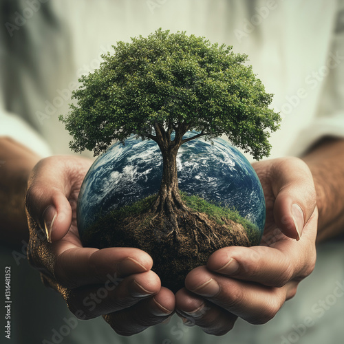 Mani che tengono un piccolo pianeta Terra su cui cresce un albero. Avere cura del pianeta.