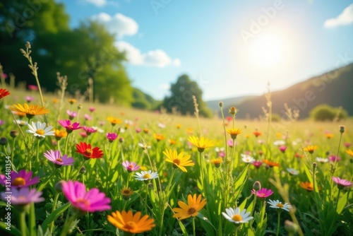 Sun-drenched meadow  vibrant wildflowers blooming   outdoor  botanical