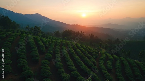 Sunrise paints the serene tea plantations nestled amongst verdant hills
