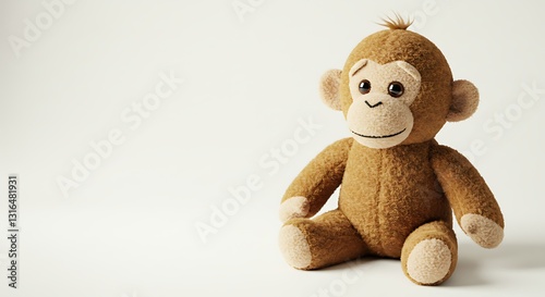 Photography 愛らしい猿のぬいぐるみ、柔らかな光で優しく照らされ微笑む This translates roughly to: Adorable monkey stuffed animal, gently illuminated by soft light, smiling