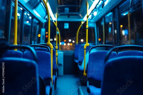 Empty public bus interior at night, traveling, city lights in background, for transportation photo
