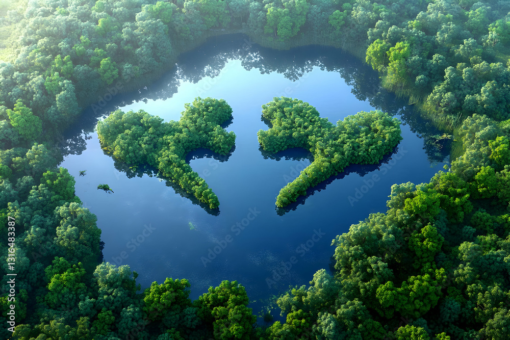 Aerial View of a Lake with Two Lush Green Islands Forming Abstract Shapes, Surrounded by Dense Forest, 3D Render