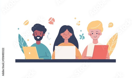 Diverse business partners colleagues people multiracial corporate group project team African woman and Indian Arabian men online work with laptop working with computer together united office
