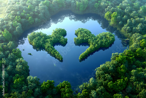 Aerial View of a Lake with Two Lush Green Islands Forming Abstract Shapes, Surrounded by Dense Forest, 3D Render