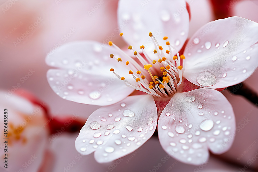 Fototapeta premium A close-up macro shot of a delicate cherry blossom covered in dewdrops, highlighting its soft pink petals and intricate stamens in full bloom