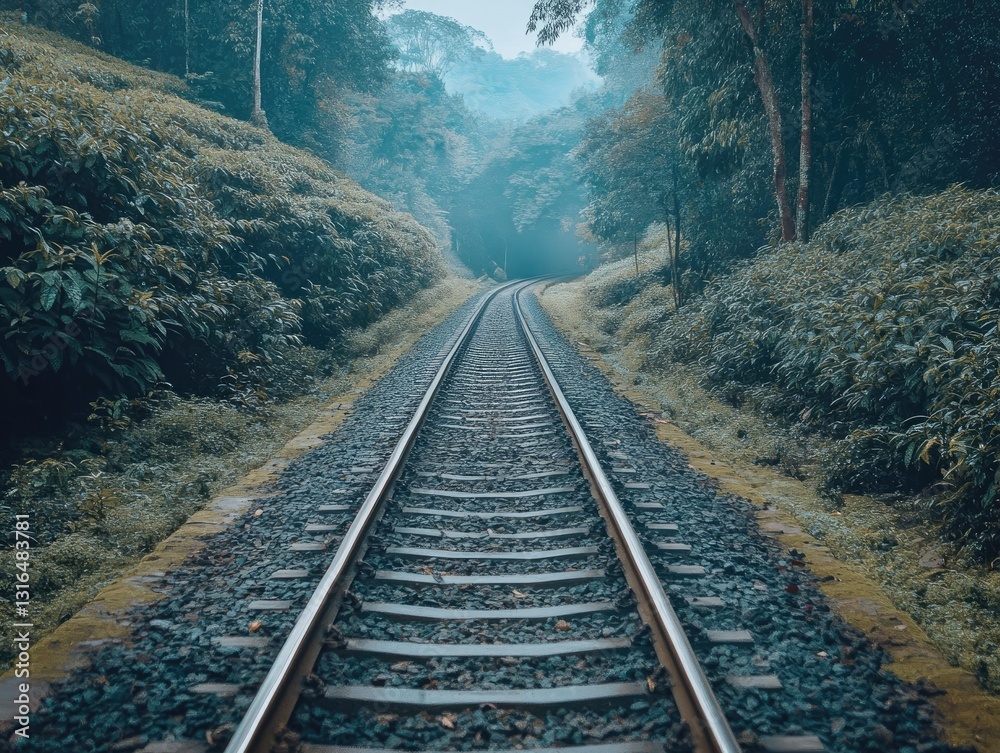 Fototapeta premium Mystical railway journey through dense greenery leading to an unknown destination