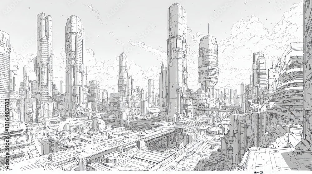 Obraz premium Futuristic Urban Landscape with High-Rise Buildings and Advanced Infrastructure in a Science Fiction Setting