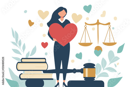 Be Kind to Lawyers Day illustration with justice symbols and hearts. Balancing justice with compassion creates trust, ensuring fair and ethical legal support. Compassion defines great lawyer