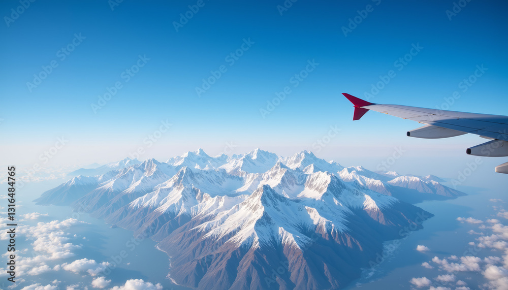 Fototapeta premium Breathtaking view of snow-capped mountains from airplane window, adventure