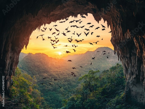 Echolocation's embrace, Bats surge into sunset from cavernous realm photo