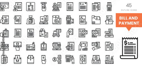 Collection of payment and billing icons in black and white outline style.