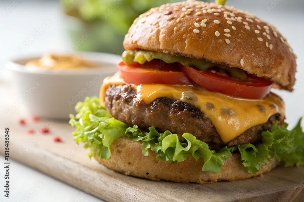 A hamburger with lettuce and tomato on top of a bun A hamburger with lettuce and tomato on top of a bun