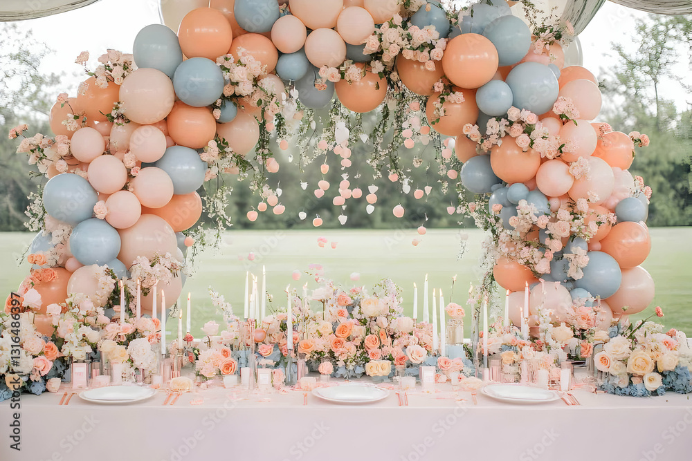 Elegant Peach and Blue Balloon Arch with Floral Decor adorns a Romantic Wedding Table Setting Outdoors