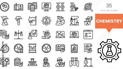 A collection of outlined chemistry icons featuring laboratory equipment and scientific themes.
