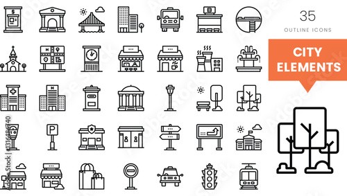 Collection of city elements icons in a minimalistic outline style.