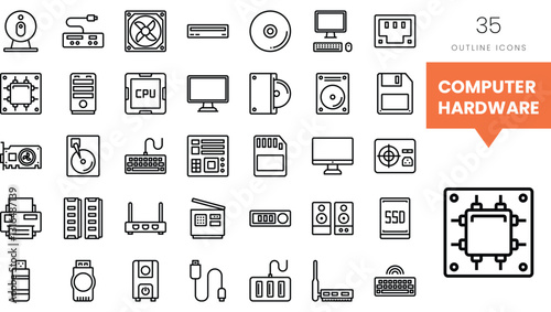 Collection of computer hardware outline icons in black and white design.