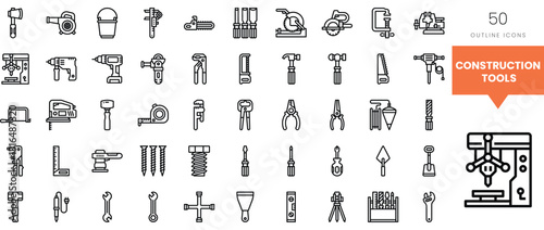 Collection of construction tool icons in outline style for design projects.