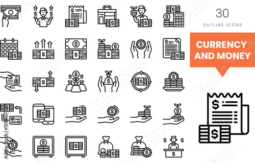 Hand-drawn outline icons representing currency and financial transactions.