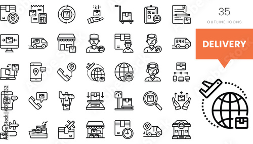 Set of delivery-themed outline icons featuring various transport and service elements.