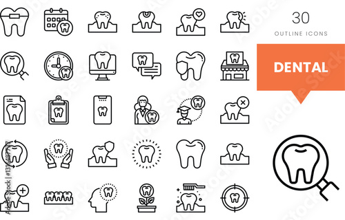 A collection of dental outline icons showcasing oral health concepts.