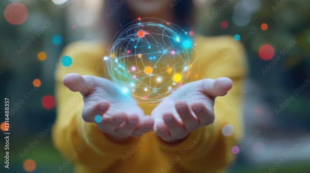 Fototapeta premium Hands Holding a Colorful Network Sphere in a Vibrant Environment