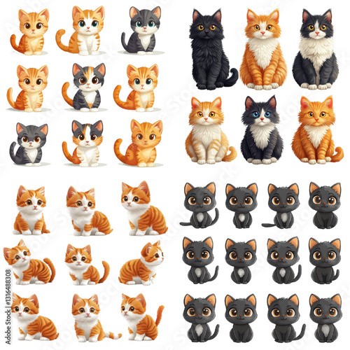 This features collection of cute cartoon cats in various colors and poses, including orange, black, and calico. Each cat has distinct expression, adding charm to illustration