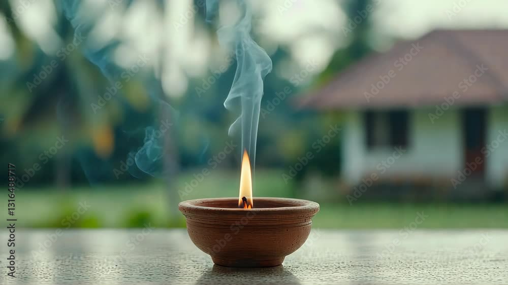 Serene Clay Lamp Emits Gentle Smoke and Flame on Wooden Surface Outdoors, Creating Traditional and Peaceful Atmosphere Serene Clay Lamp Emits Gentle Smoke and Flame on Wooden Surface Outdoors, Creating Traditional and Peaceful Atmosphere