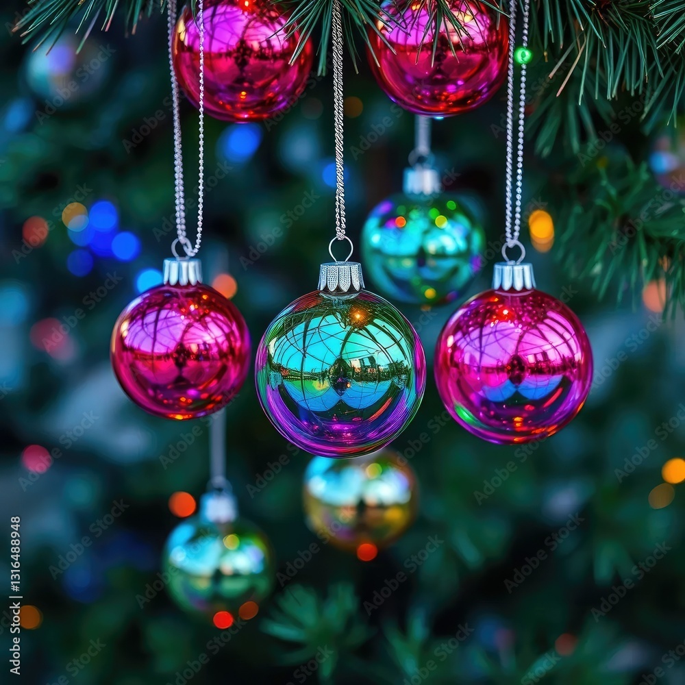 Fototapeta premium Colorful glass ball ornaments hanging from the tree, tree, colorful