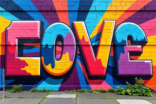 Vibrant Love Mural with Bold Graffiti Colors on Brick Wall