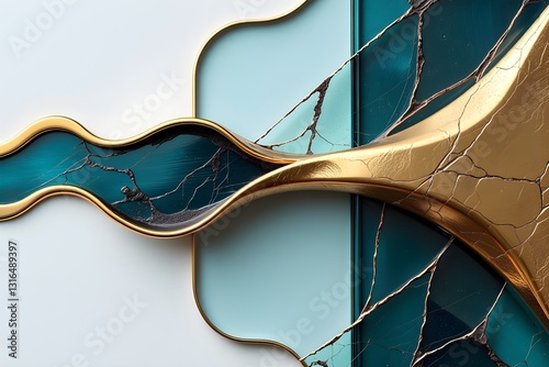Abstract fluid gold and blue cracked surface with smooth metallic and glass textures, featuring a luxurious mix of reflective gold accents and deep blue hues.
