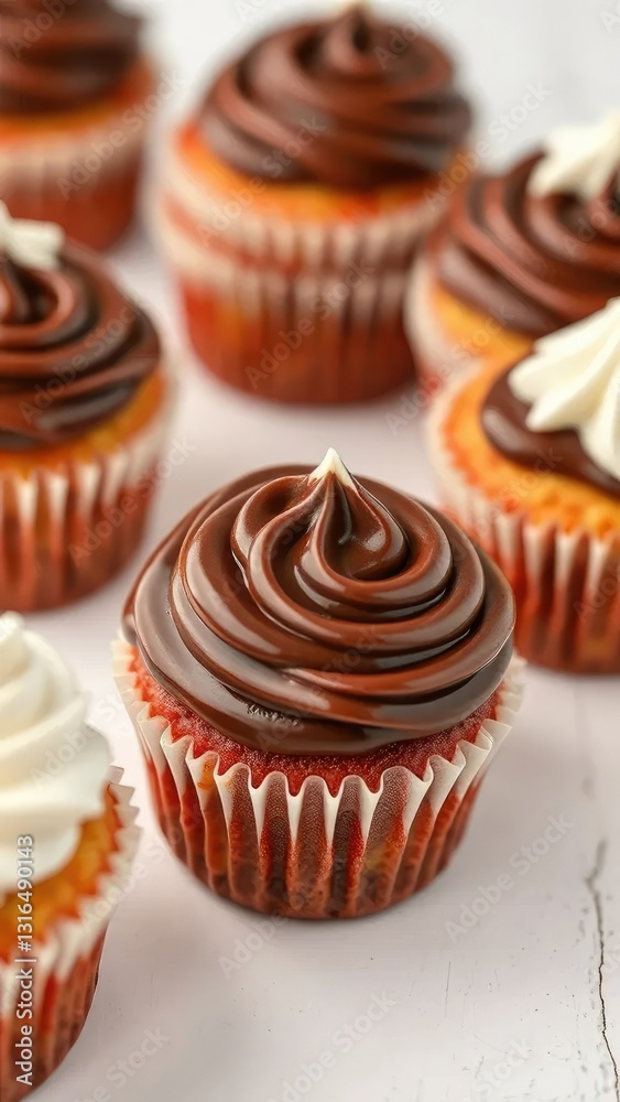 Cupcakes with chocolate ganache on a white surface, whipped cream, sweet treats Cupcakes with chocolate ganache on a white surface, whipped cream, sweet treats