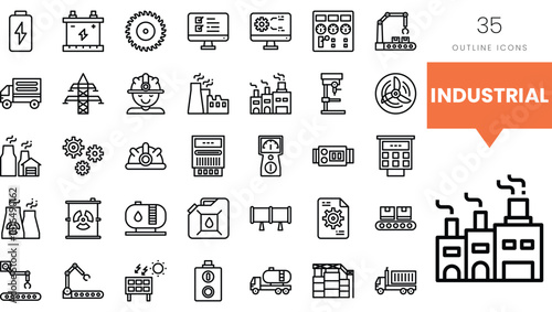 A collection of industrial outline icons depicting various machinery and tools.