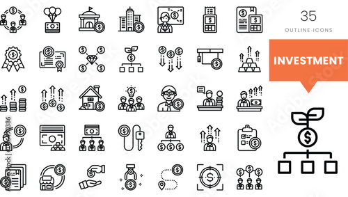Collection of investment-themed outline icons, showcasing financial concepts and symbols.