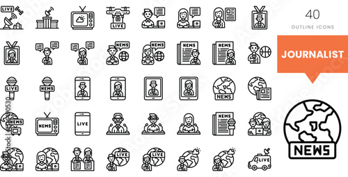 A collection of outline icons representing journalism and news reporting.