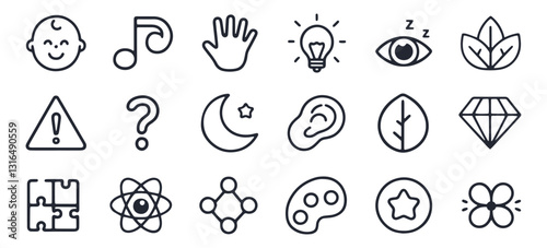 Baby Toddler Toys Features - Teething Relief, Motor Skills & Hand-Eye Coordination Outline Icons Editable Stroke Vector