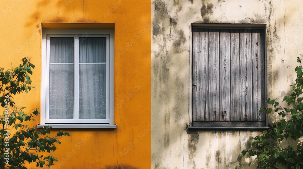 Cleaning and washing the house wall before and after using pressure water on the facade, revealing a refreshed exterior. Cleaning and washing the house wall before and after using pressure water on the facade, revealing a refreshed exterior.