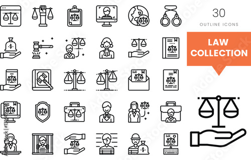 A collection of legal icons depicting justice, scales, and law-related professions.