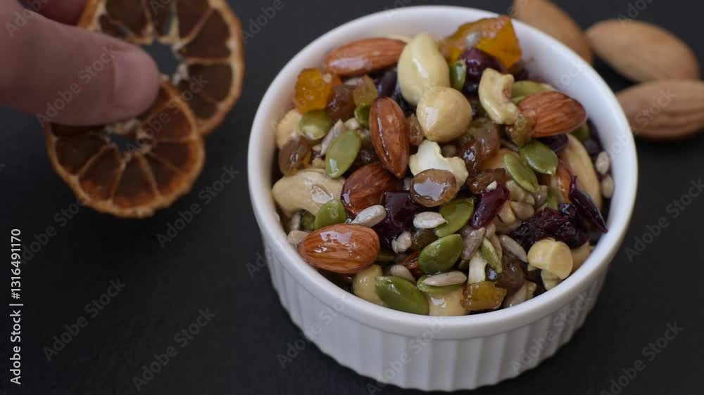 Honeyed cashew nuts, walnuts, hazelnuts, pine nuts and dried fruits in ceramic bowl on dark concrete background Honeyed cashew nuts, walnuts, hazelnuts, pine nuts and dried fruits in ceramic bowl on dark concrete background