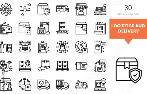 Collection of logistics and delivery outline icons, including drones and trucks.