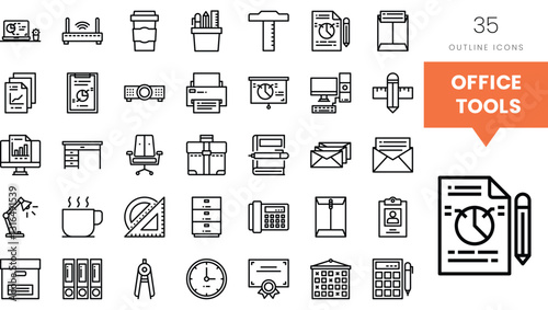 Variety of office tools and icons in a minimalist outline style.
