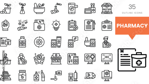 Collection of pharmacy-related outline icons including medication and healthcare symbols.